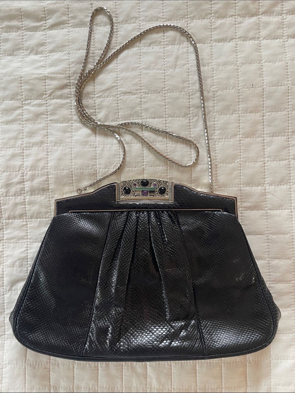 Judith Leiber Black Leather Evening Clutch with Jeweled Frame